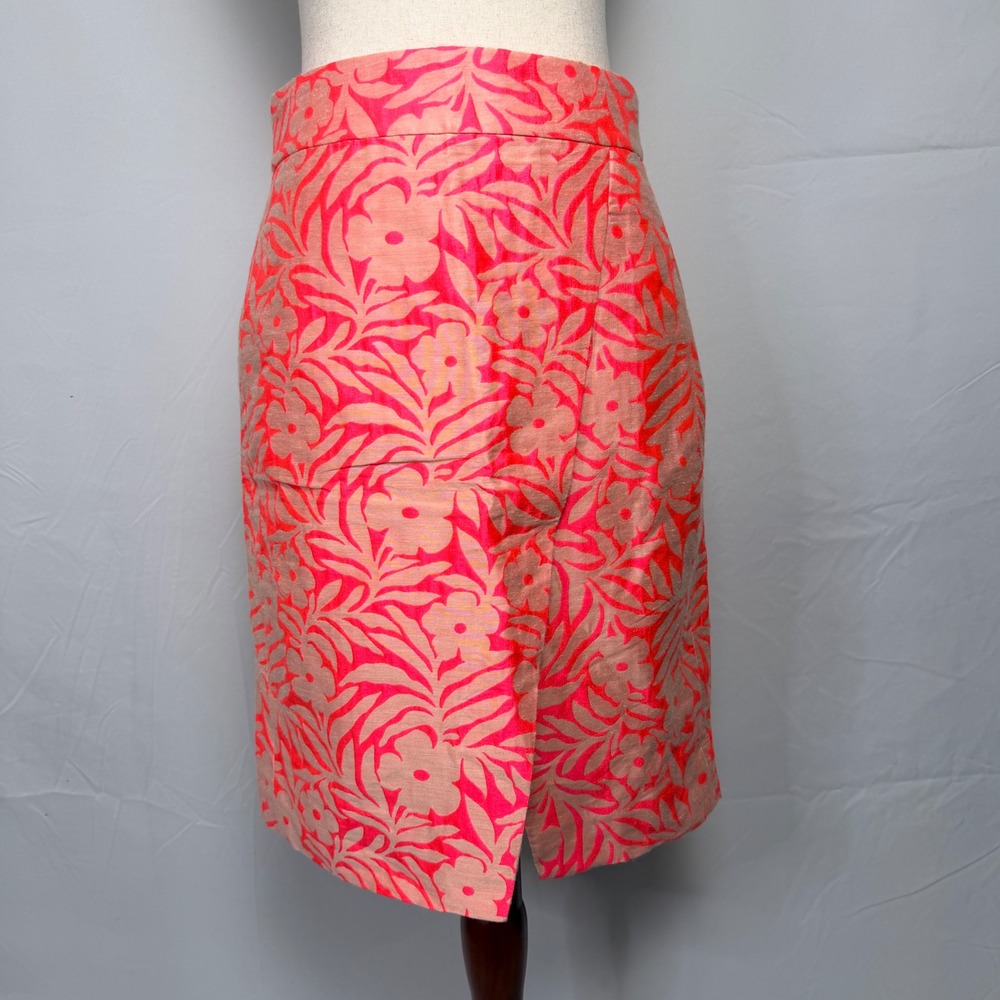 J.Crew Women Neon Pink Coral Floral Jacquard Wrap Pencil Skirt Size 4 like new